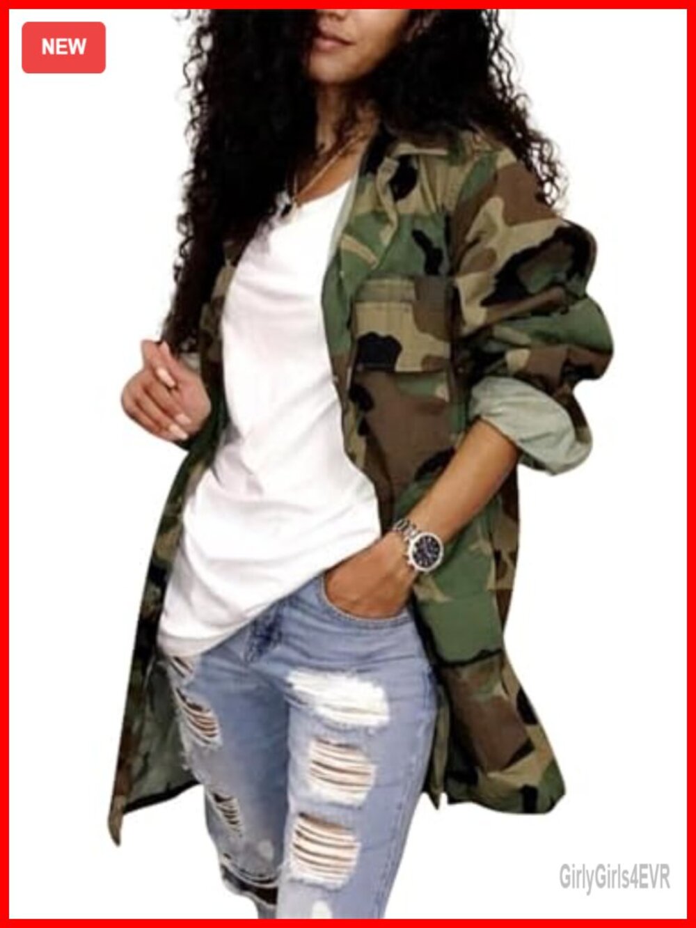 Women's Camouflage Trench Coat Long Sleeve Military Jacket